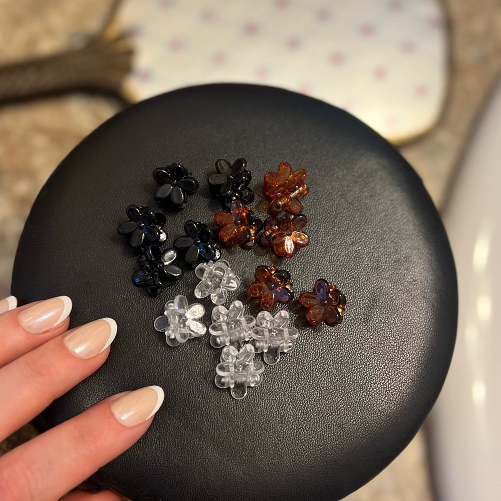 Y2K Flower Mini Clips Floral Hair Clips Set in Black, Brown, and Clear 15 ct